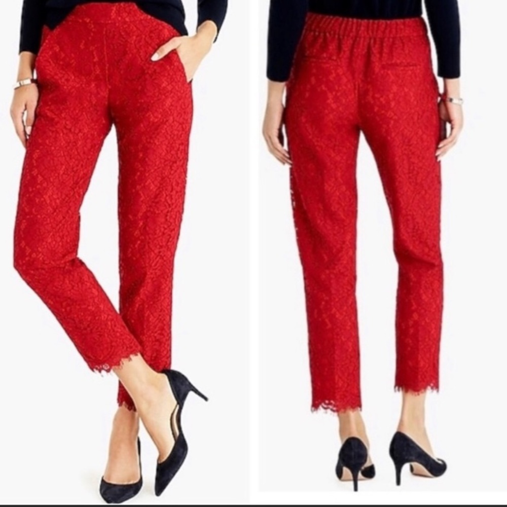 NWOT J. Crew Red Lace Cropped Ankle Pant Holiday Size 4